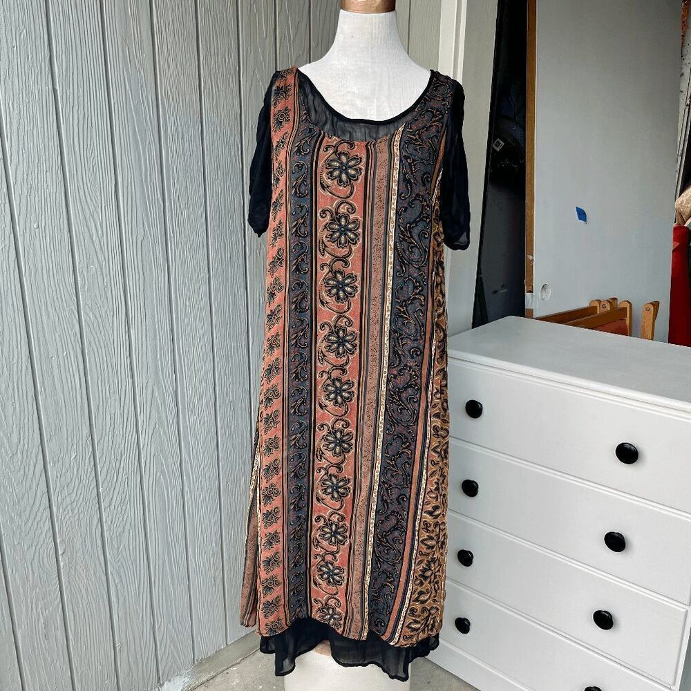 Vintage 90s Kloz Lyne India Boho Dress Black Sheer Sleeves Festival Grunge L